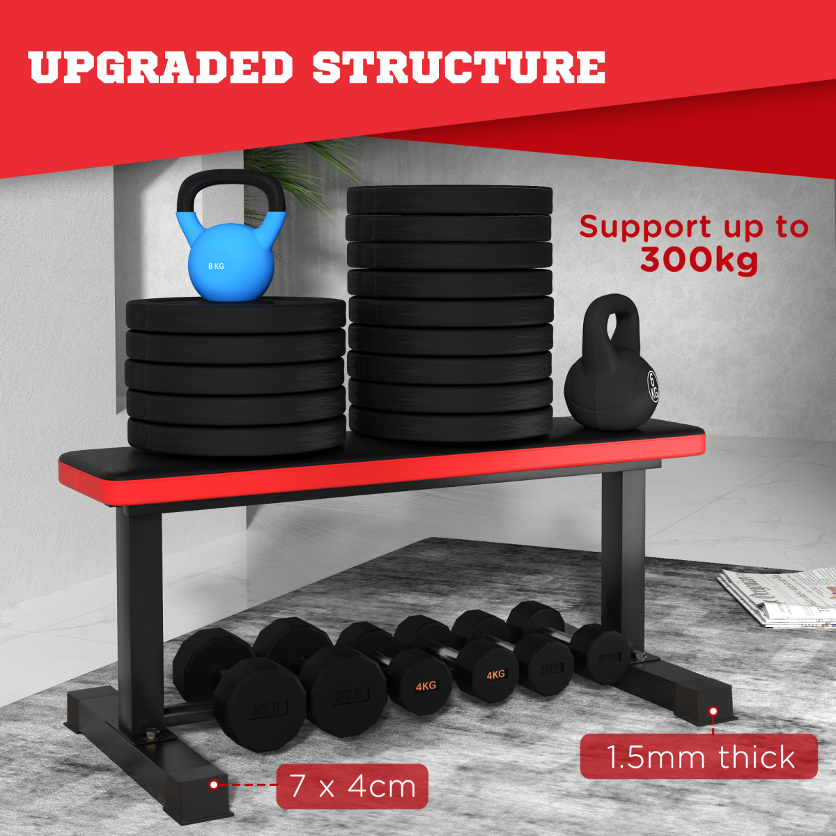 SPORTNOW Flat Weight Bench with Integrated Dumbbell Rack, 300KG Capacity