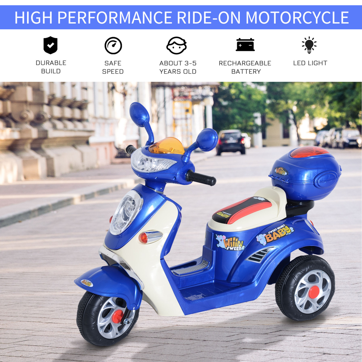Electric Ride-On Kids Motorbike 6V Battery-Powered Tricycle with Lights & Music – Blue