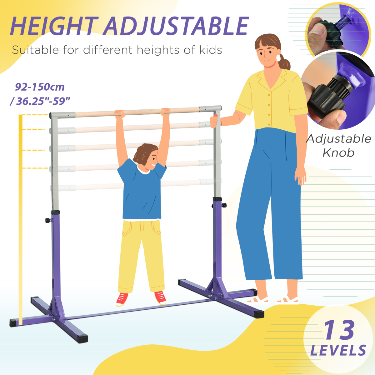Adjustable Kids Gymnastics Bar – Horizontal Training Bar with Steel Frame & Beech Wood Top, 13 Height Levels (95–145cm), Stable ‘T’ Base – Purple - All Round Fitness