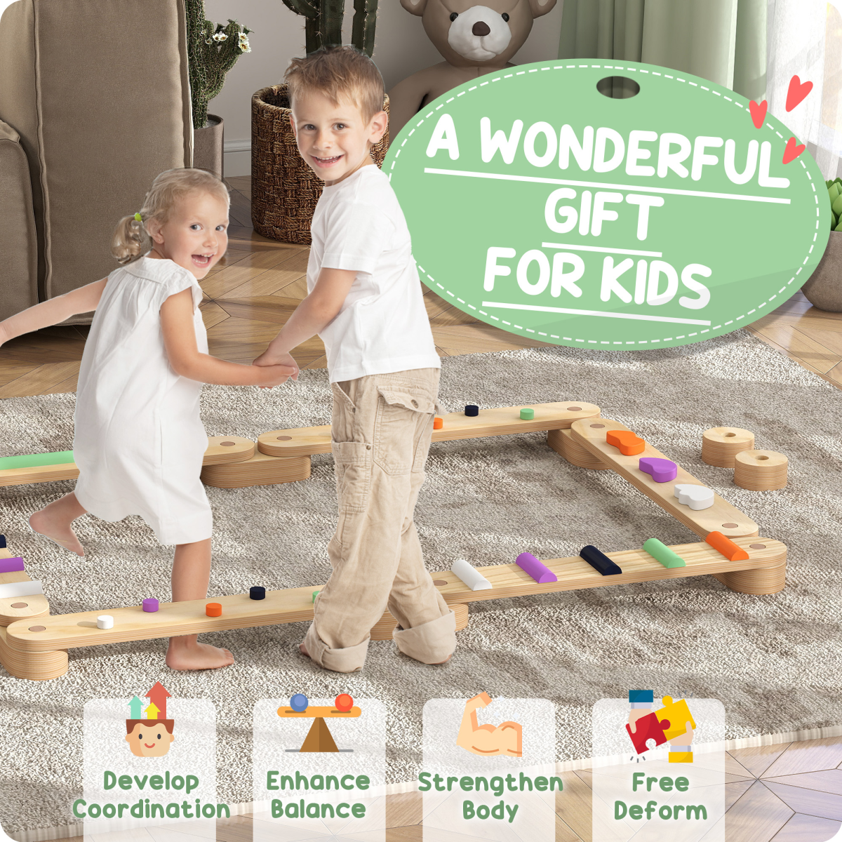 AIYAPLAY Wooden Balance Beam for Kids 3–8 Years – Indoor & Outdoor Sensory Play