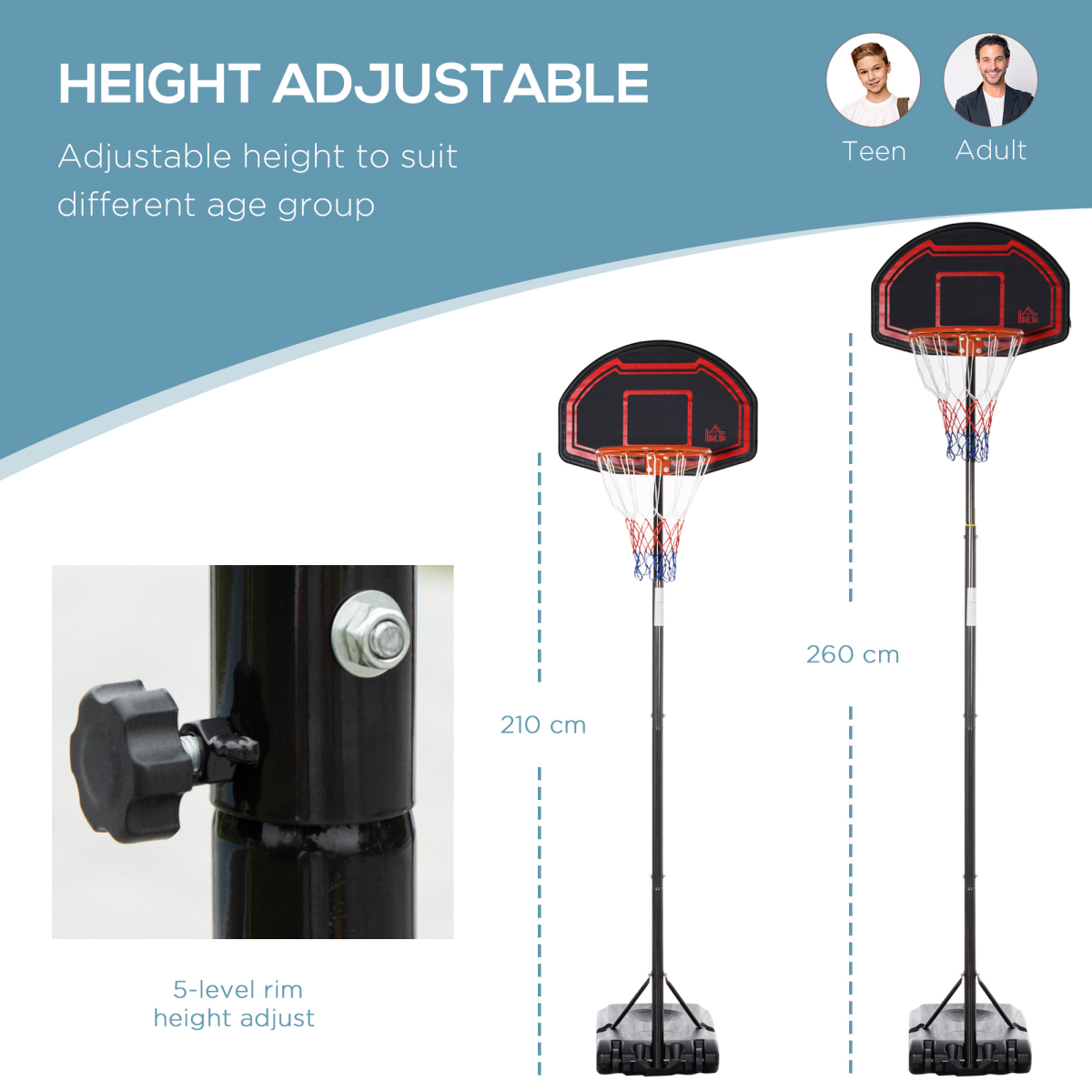 Adjustable Basketball Hoop Stand with Wheels & Fillable Base – 210-260cm
