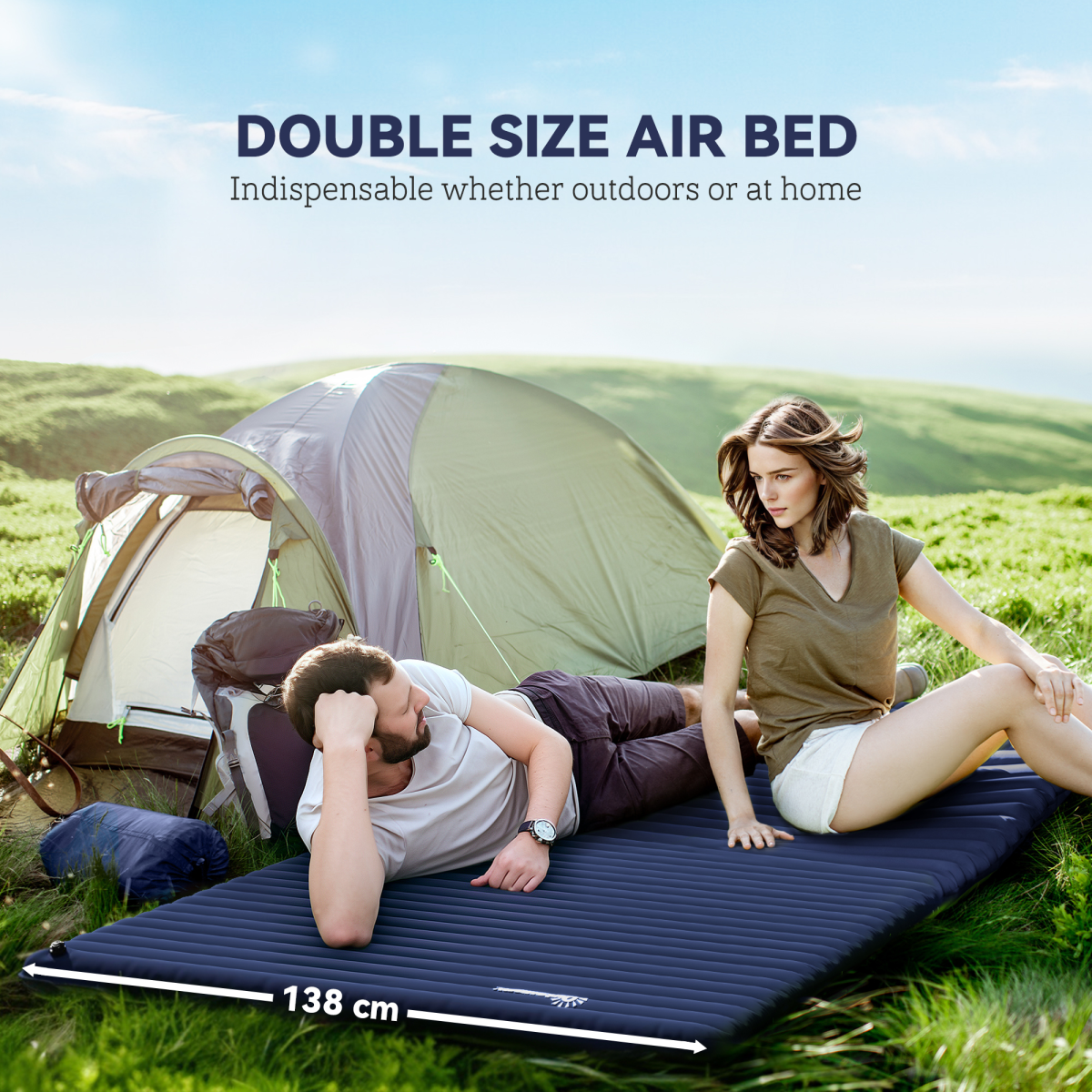 Double Inflatable Camping Mattress with Foot Pump & Carry Bag, Navy