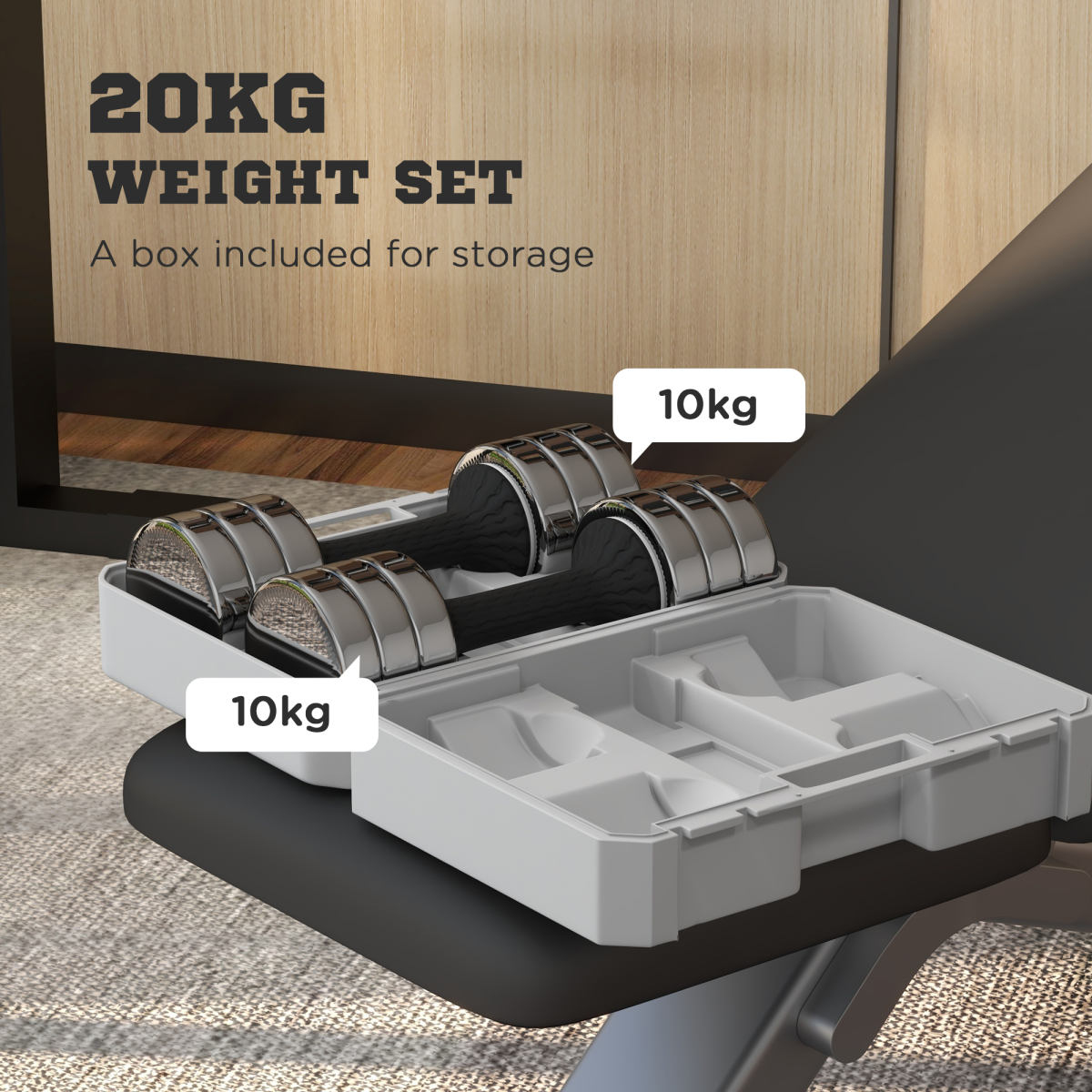 Adjustable Dumbbells Set – 2 x 10kg Free Weights with Anti-Slip Grip & Storage Box - All Round Fitness