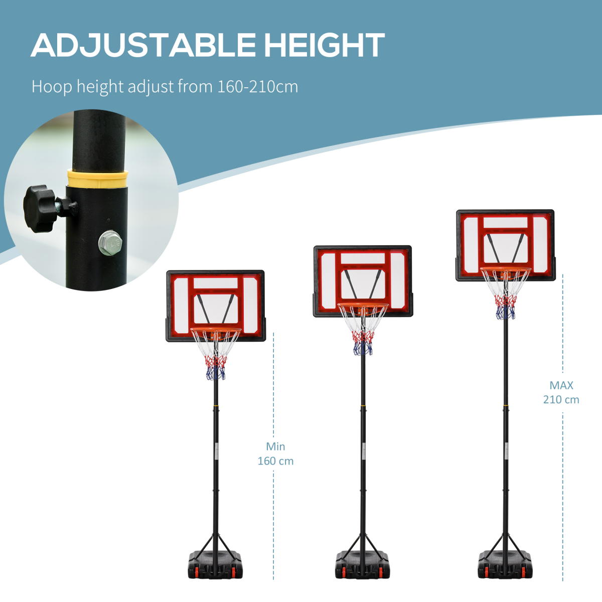 Portable Basketball Hoop Stand with Adjustable Height 160–210cm, Sturdy Base & Wheels