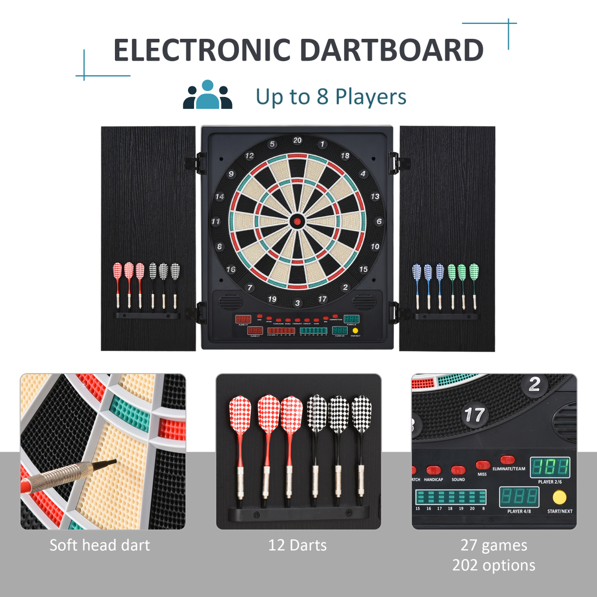 Electronic Dartboard with Cabinet, LED Digital Scoreboard & 27 Games – Includes 12 Darts