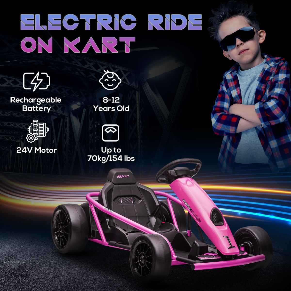 24V Electric Drift Go Kart for Kids with Music, Horn & Slow Start – Pink