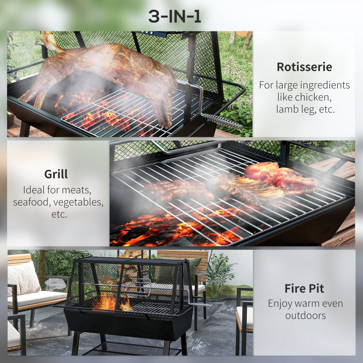 3-in-1 Outdoor BBQ Grill, Rotisserie & Fire Pit with Mesh Cover