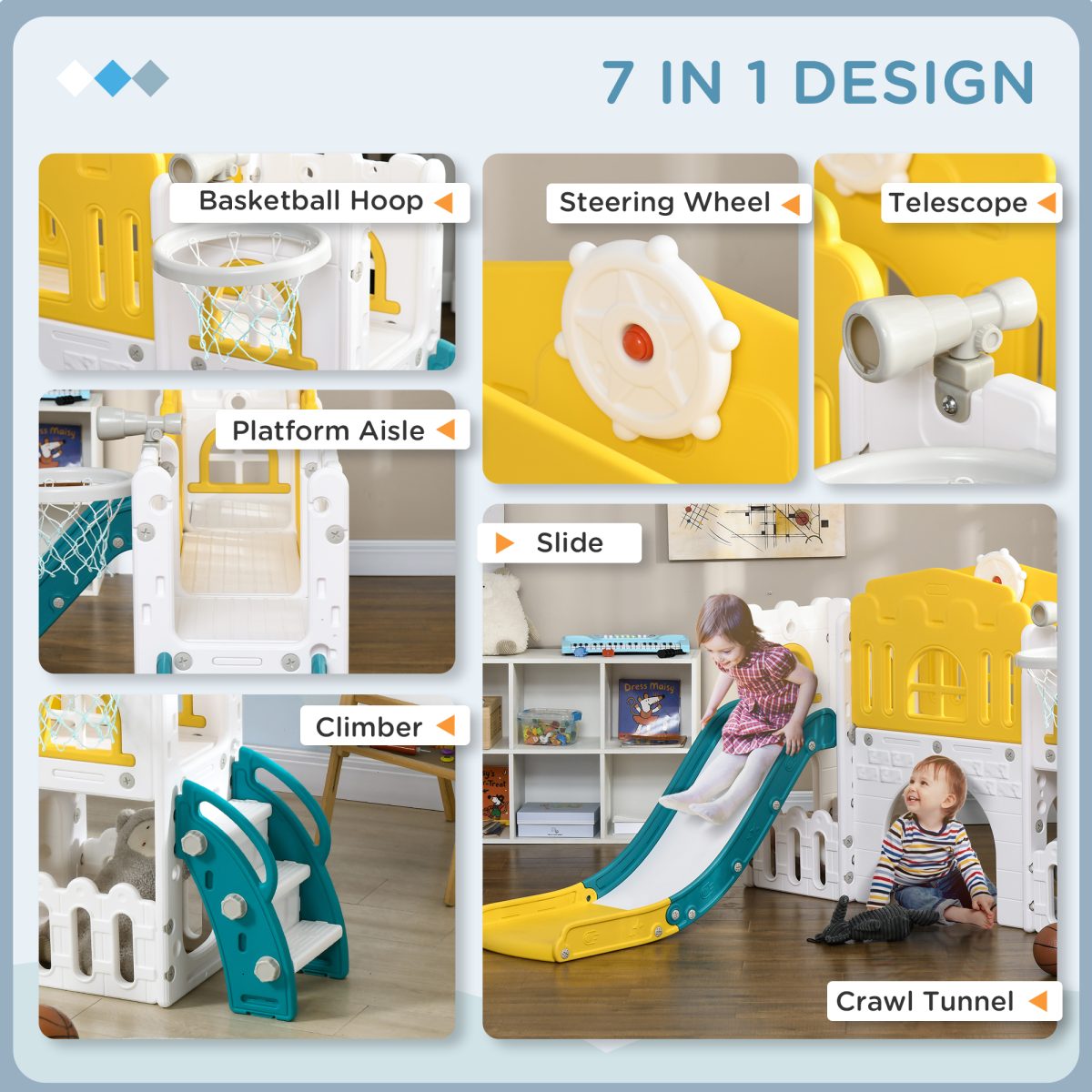 AIYAPLAY 7-in-1 Toddler Slide & Playset with Basketball Hoop, Tunnel & Storage – Yellow Castle Theme