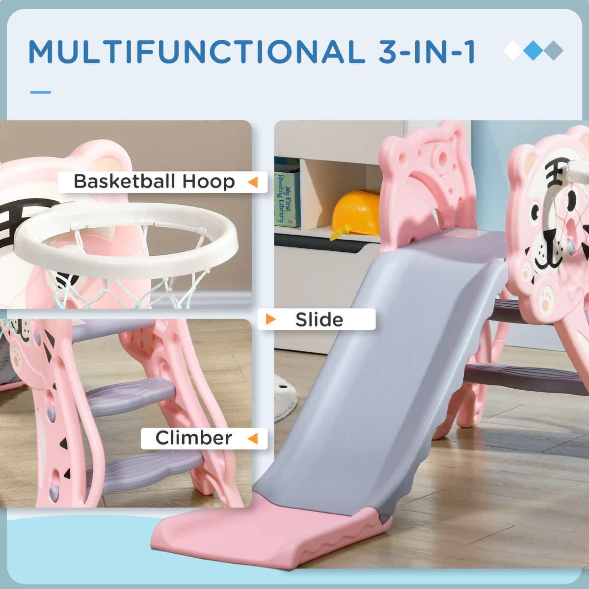 AIYAPLAY Kids Slide with Basketball Hoop & Ball – Pink  Tiger Theme for Ages 18–36 Months