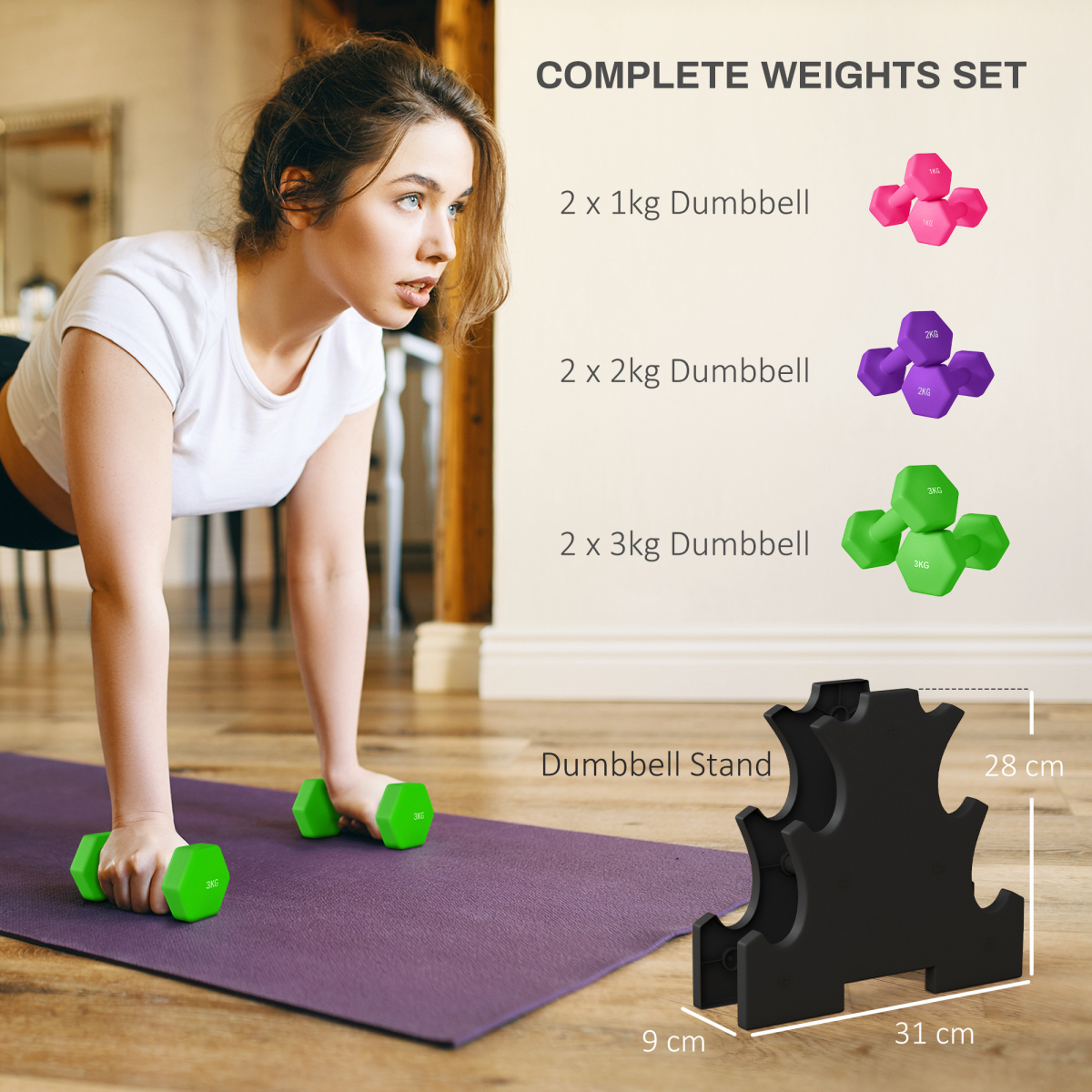 Hex Dumbbell Set with Rack – 2 x 1kg, 2 x 2kg, 2 x 3kg