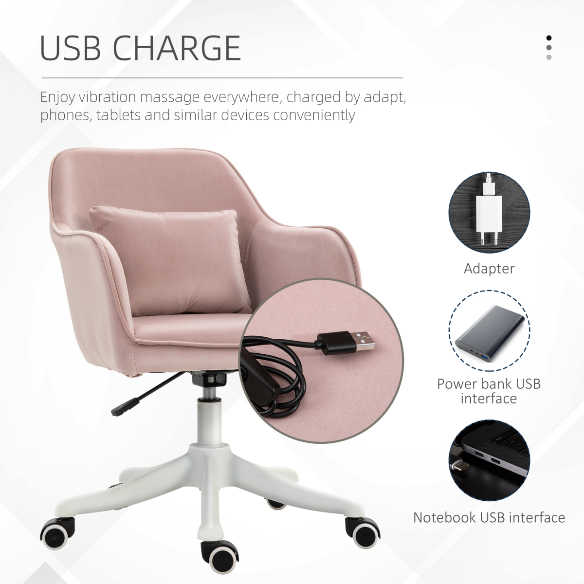 Adjustable Office Chair with Rechargeable Massage Lumbar Pillow & Wheels – Velvet Upholstery