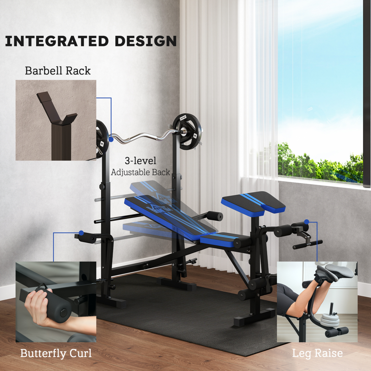 HOMCOM Ultimate Adjustable Weight Training Bench – Multi-Function Gym Station with Squat Rack, Leg Extension & Butterfly Curl (Black/Blue)