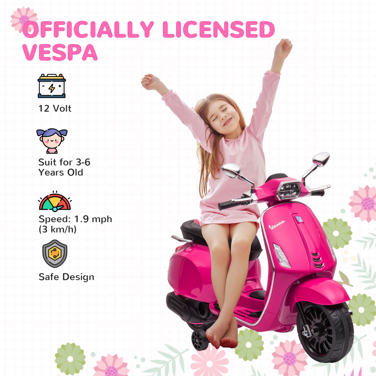 Licensed Vespa 12V Kids Electric Ride-On Motorbike with Training Wheels – Pink