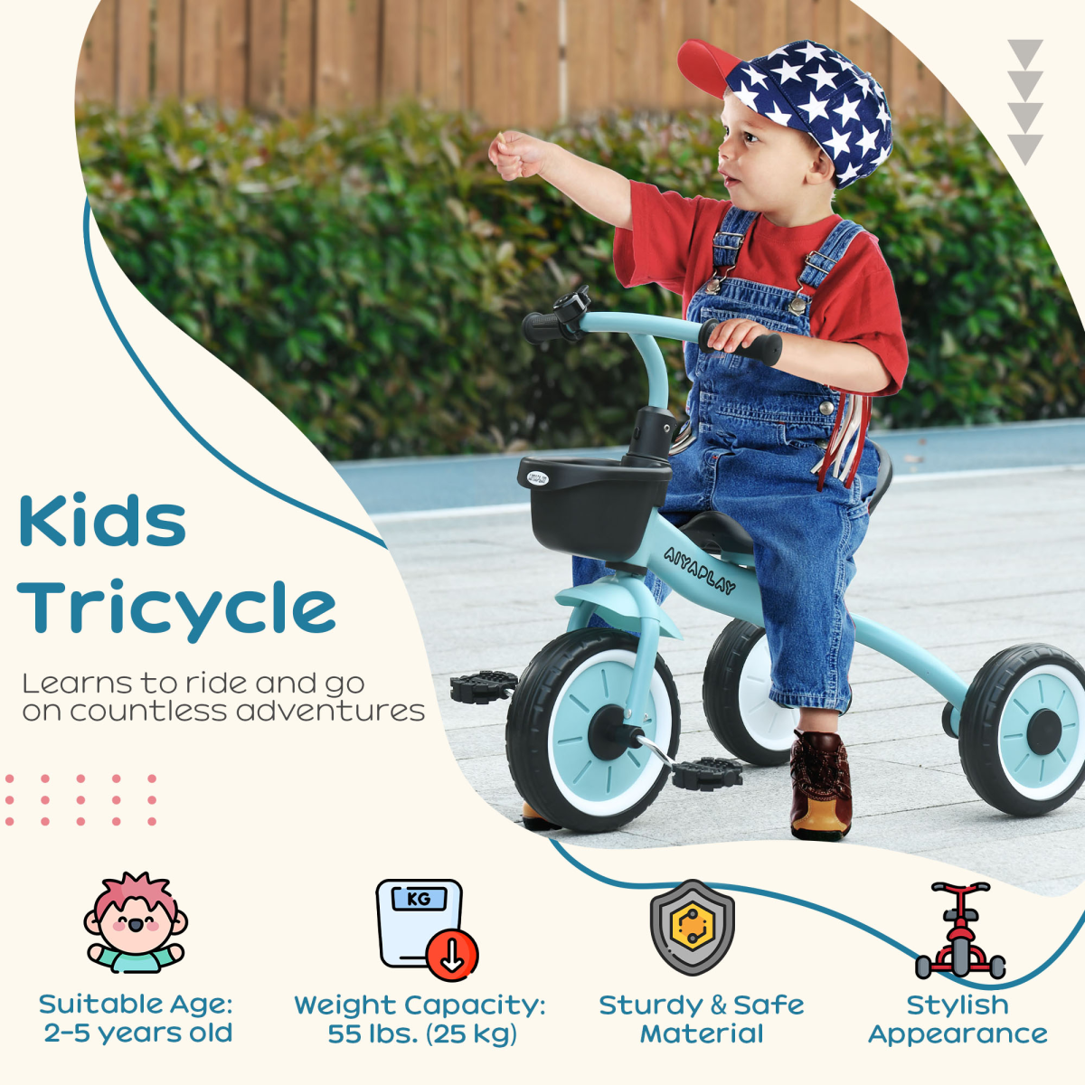 AIYAPLAY Trike with Adjustable Seat & Basket – Kids Tricycle for 2-5 Years (Blue)
