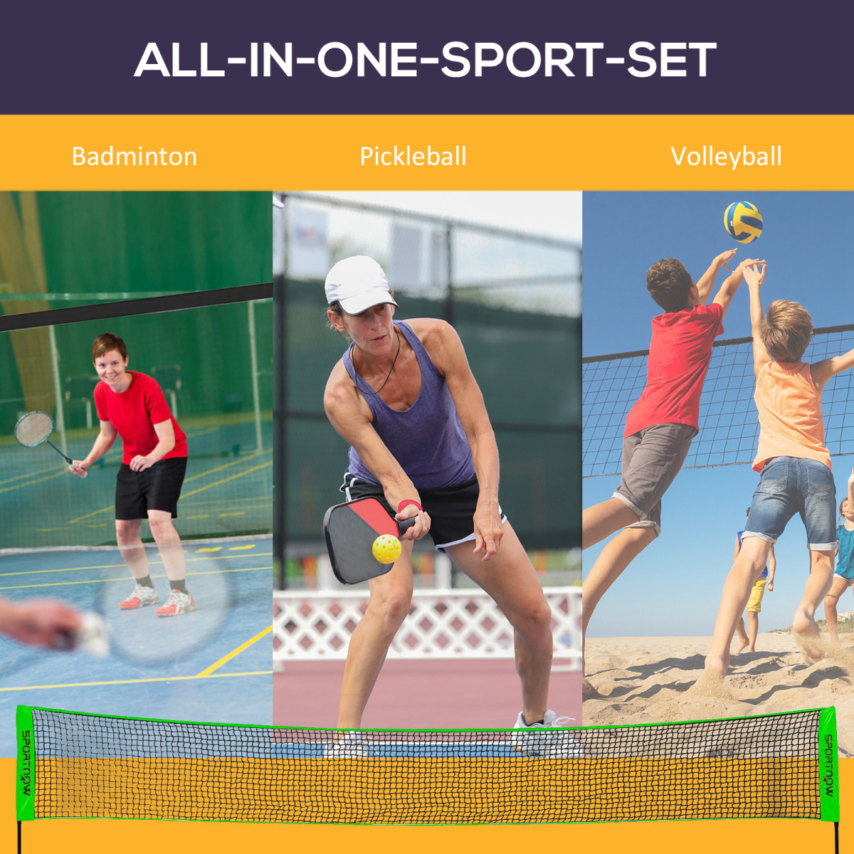 SPORTNOW Badminton Net Set with Rackets, Pickleball & Volleyball – Adjustable Height