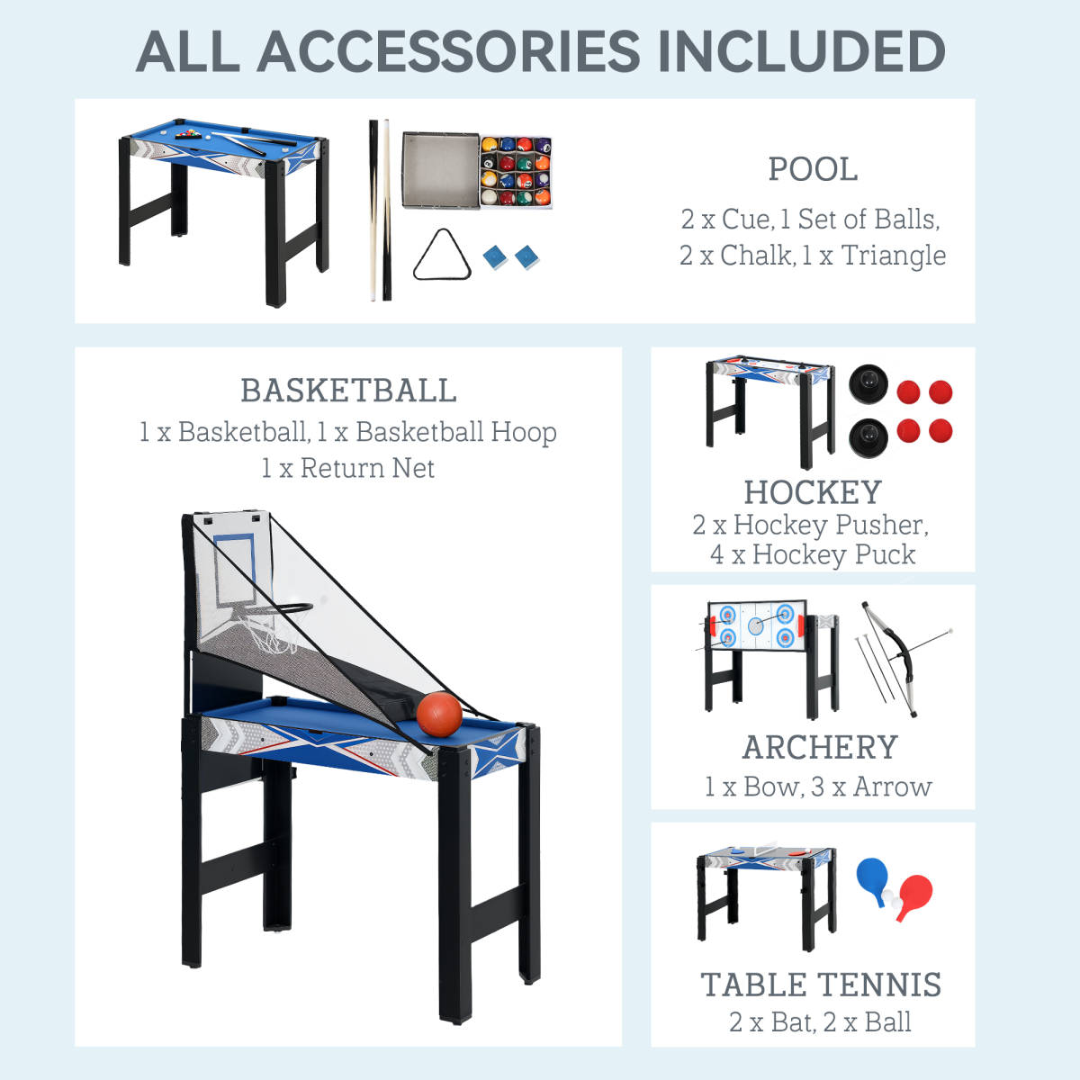 SPORTNOW 5-in-1 Multi Games Table Combo – Pool, Table Tennis, Archery, Hockey & Basketball – Blu