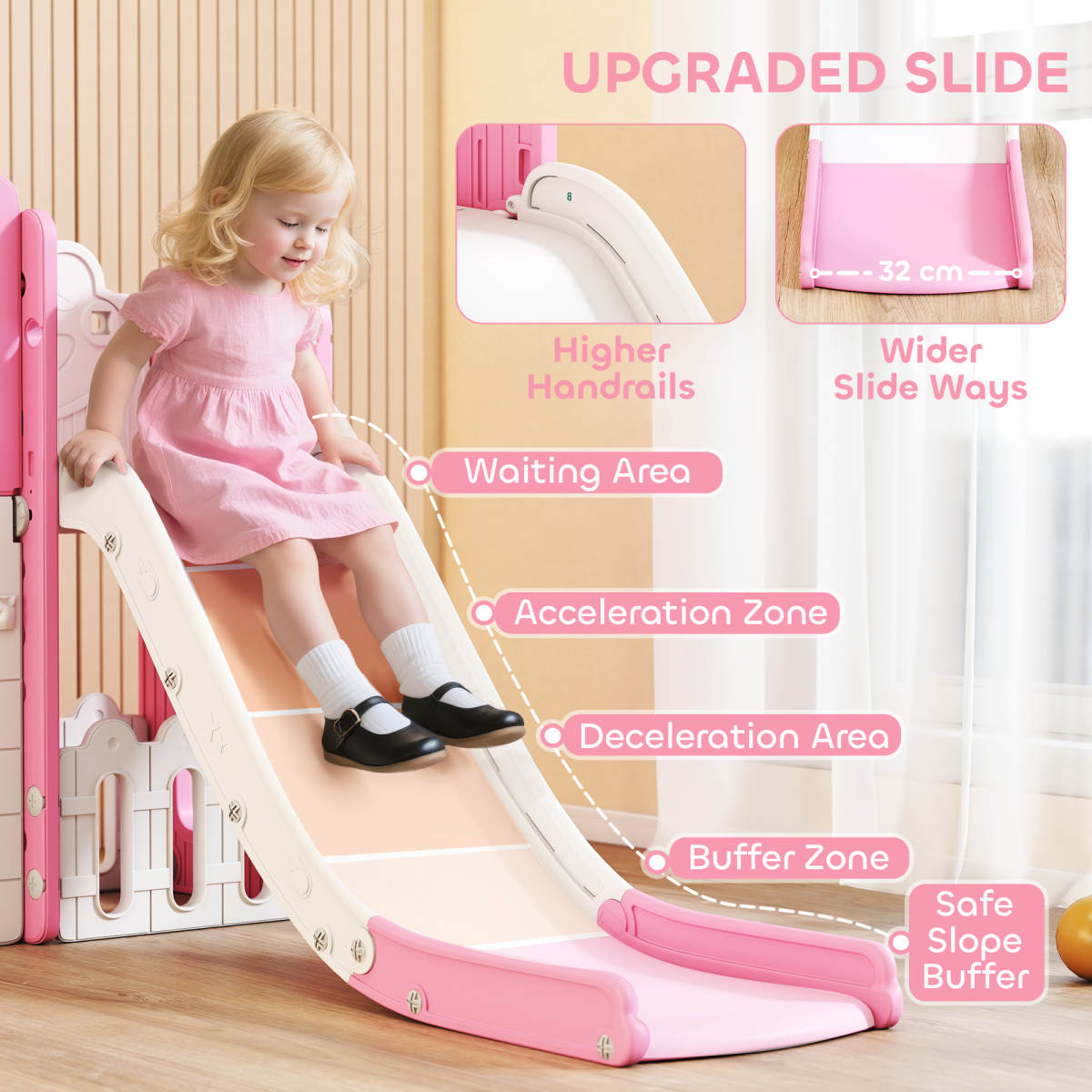 AIYAPLAY 7-in-1 Toddler Slide & Playset with Basketball Hoop, Drawing Board & Tunnel – Pink Frog Theme
