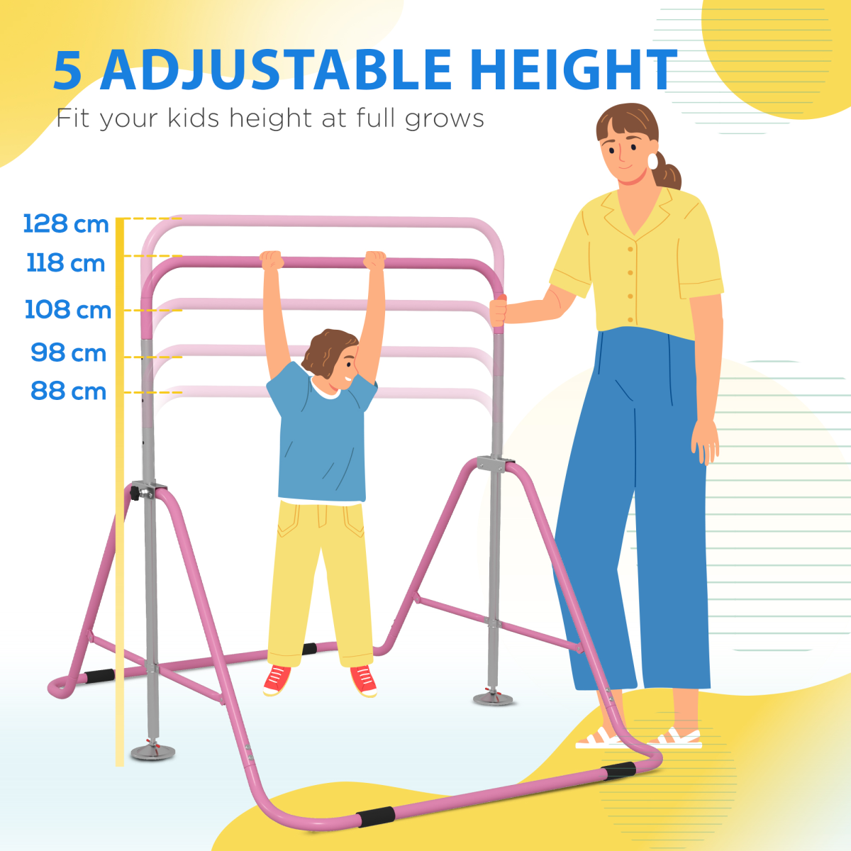 Kids Gymnastics Bar – Adjustable Height & Foldable Training Bar, Pink