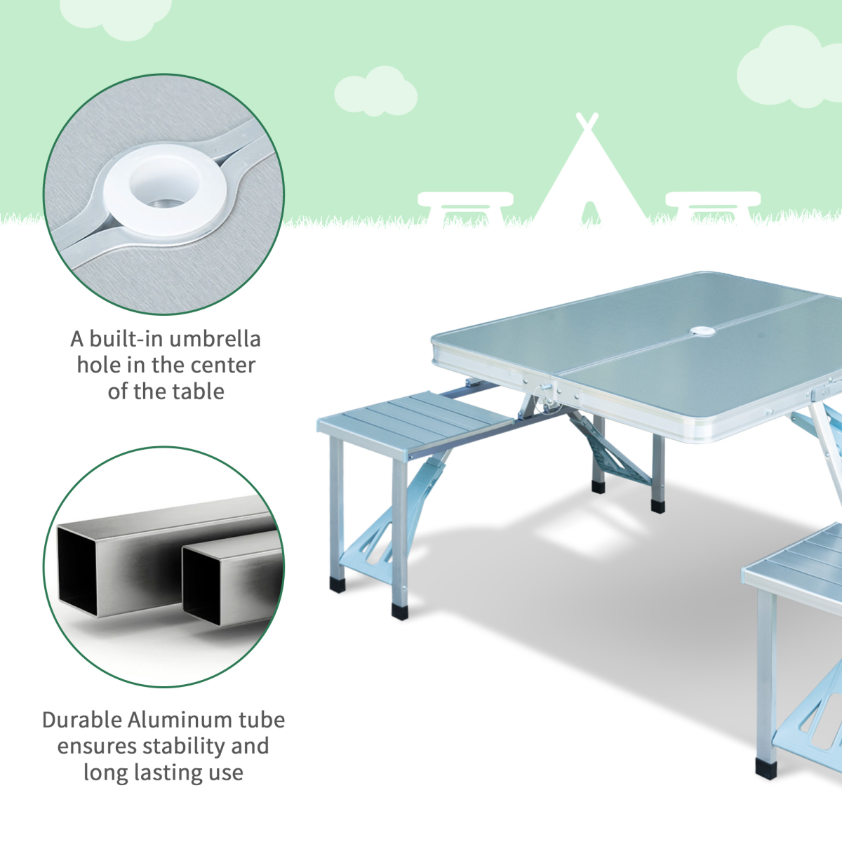 Outsunny Portable Folding Picnic Table with 4 Seats & Umbrella Hole – Lightweight Aluminium
