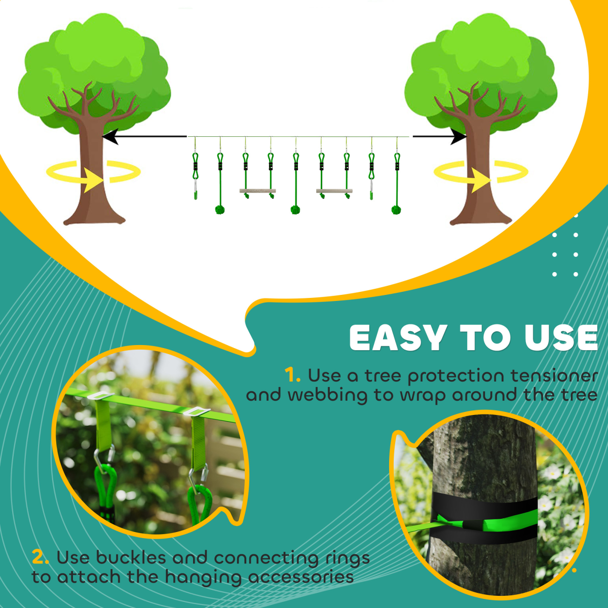 AIYAPLAY Kids Zipline Kit with Rings, Monkey Bars & Grip Balls – Outdoor Adventure Playset, Green