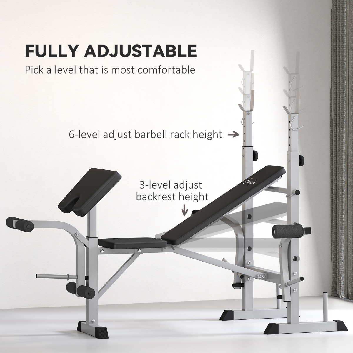Adjustable Weight Bench with Squat Rack, Leg Developer & Preacher Curl, Grey
