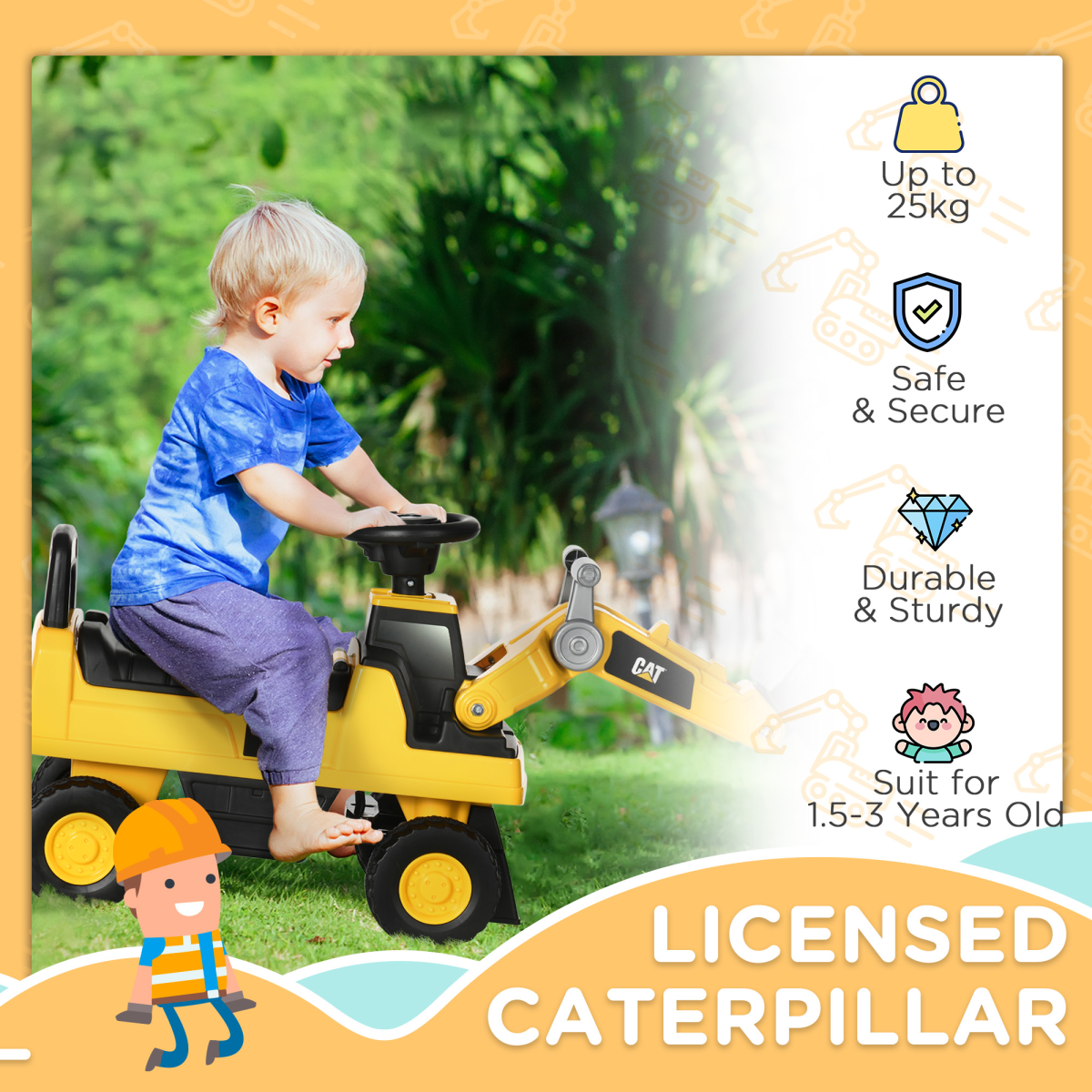 CAT Licensed Kids Construction Ride-On with Manual Shovel – Ages 1-3 Years