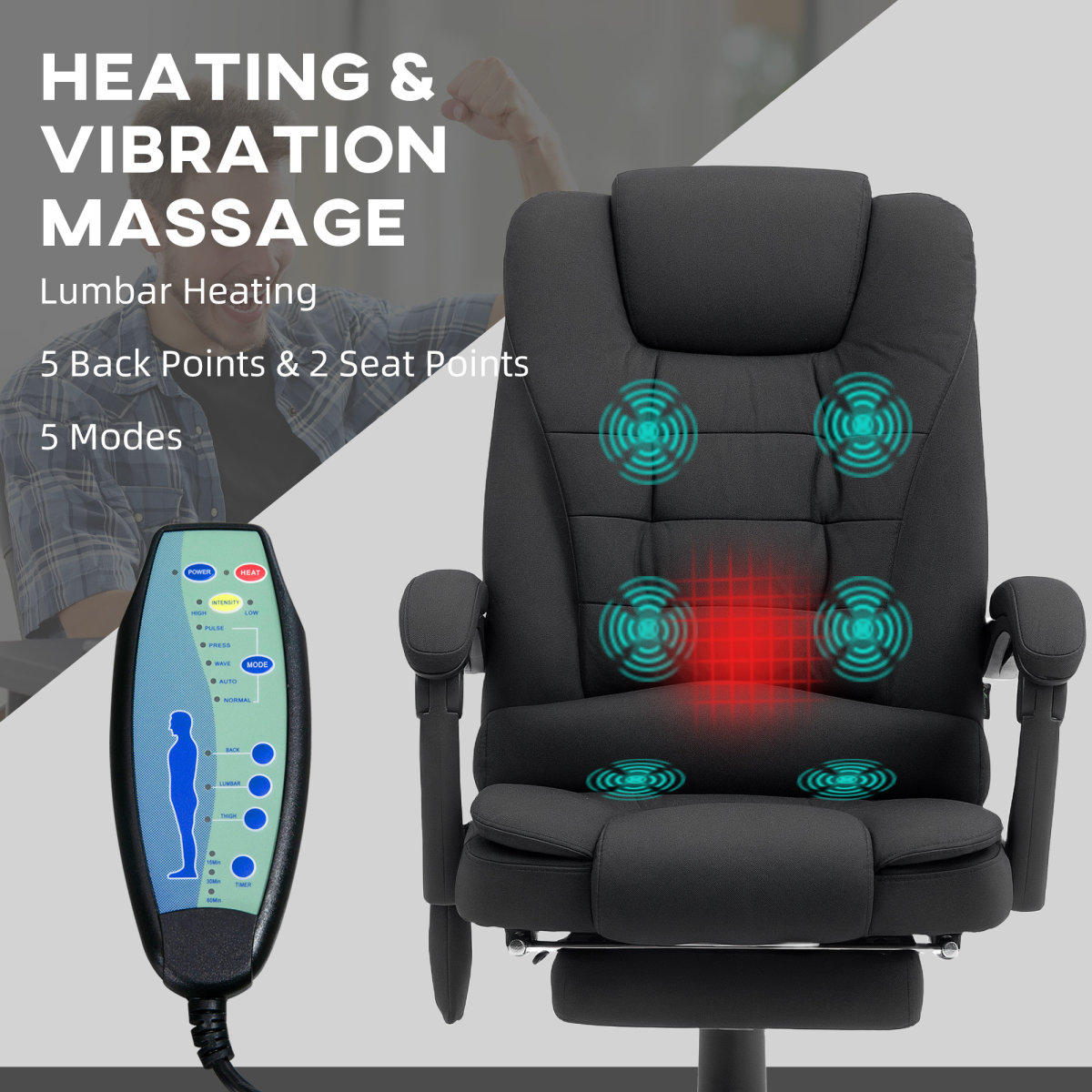 Ergonomic Heated Massage Office Chair with Footrest & Recline – 6-Point Vibration, Black