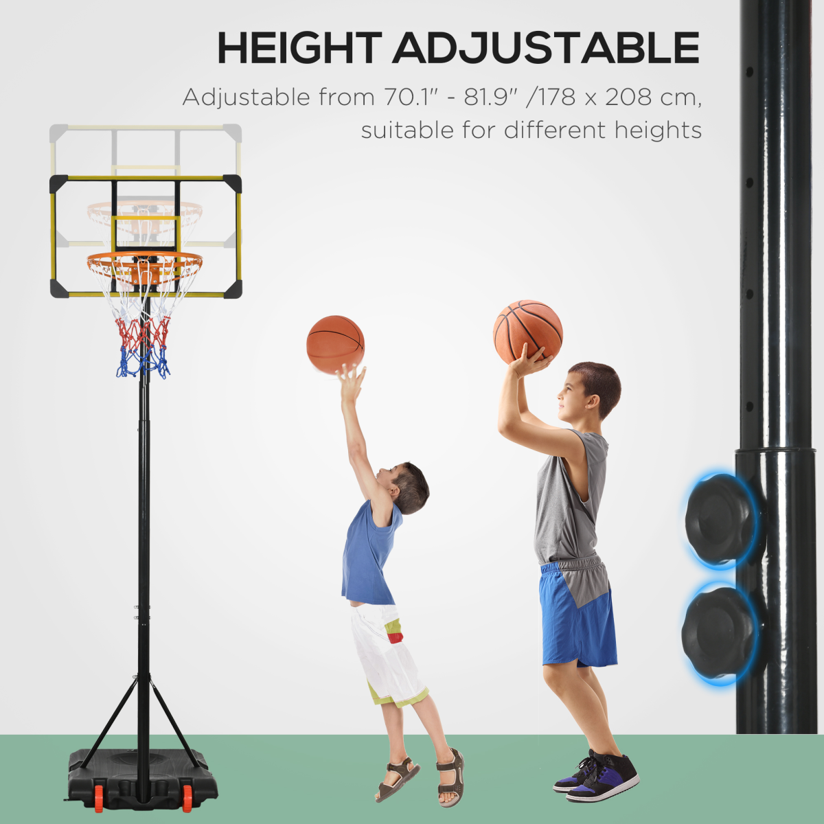 Adjustable Basketball Hoop and Stand with Wheels, 1.8–2.1m, Yellow