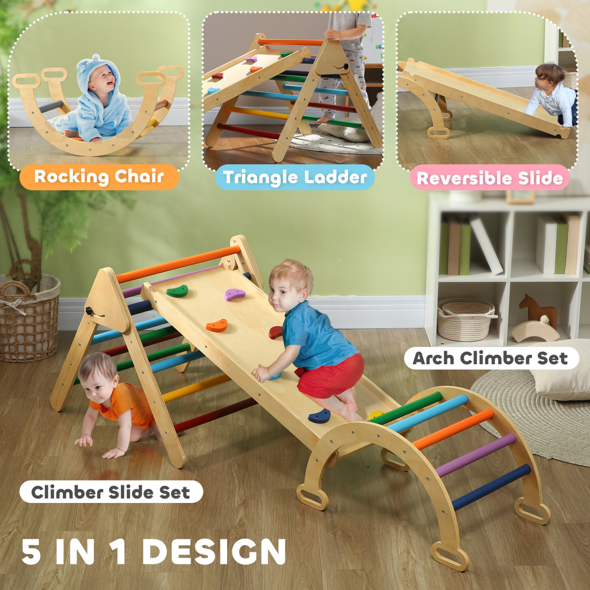 5-in-1 Montessori Climbing Frame for Toddlers – Triangle, Arch, Slide & Rocker (18–48 Months)