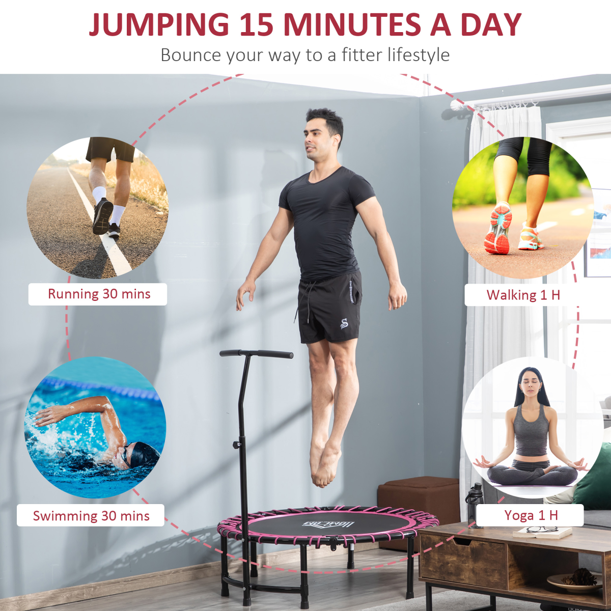 Pink HOMCOM Mini Trampoline for Fitness: Adjustable Handle for All Ages - All Round Fitness