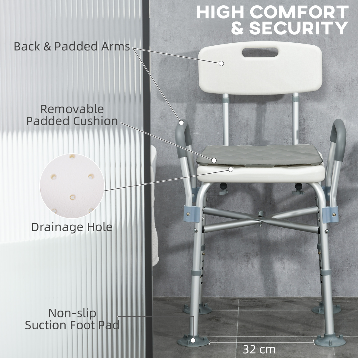 Adjustable Aluminium Shower Chair with Cushion & Backrest – Bath Stool for Seniors, Disabled & Pregnant - All Round Fitness