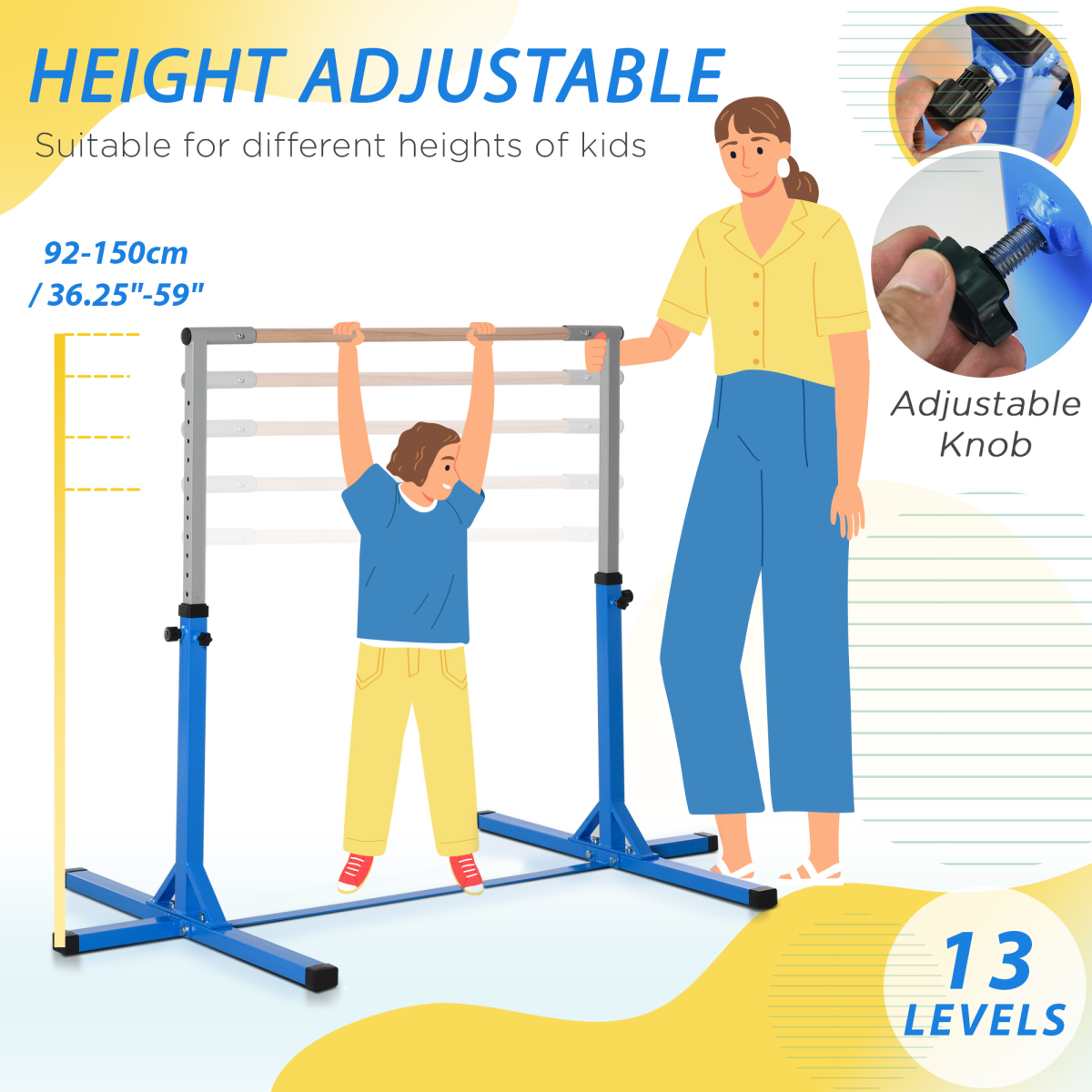 Adjustable Kids Gymnastics Bar – Horizontal Training Bar with Steel Frame & Beech Wood Top, 13 Height Levels (92–150cm), Stable ‘T’ Base – Blue - All Round Fitness