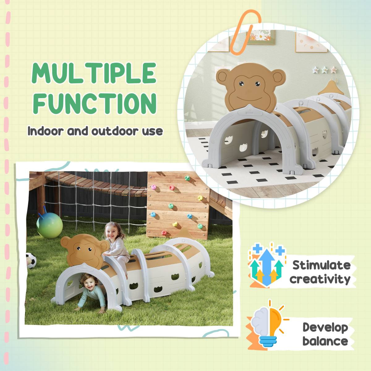 AIYAPLAY Kids Play Tunnel – Monkey Design Crawl & Climb Toy, Indoor/Outdoor, Brown