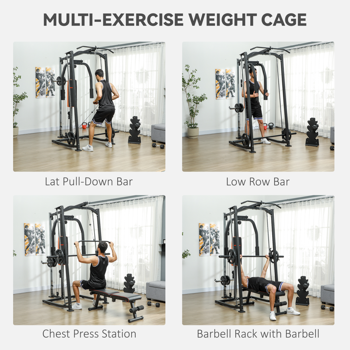 SPORTNOW Multi-Gym Smith Machine Power Cage – Squat Rack, Lat Pulldown & Chest Press Station for Home Gym