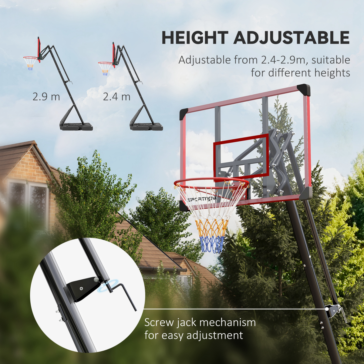 Adjustable Basketball Hoop with Weighted Base, 2.4–2.9m, Red