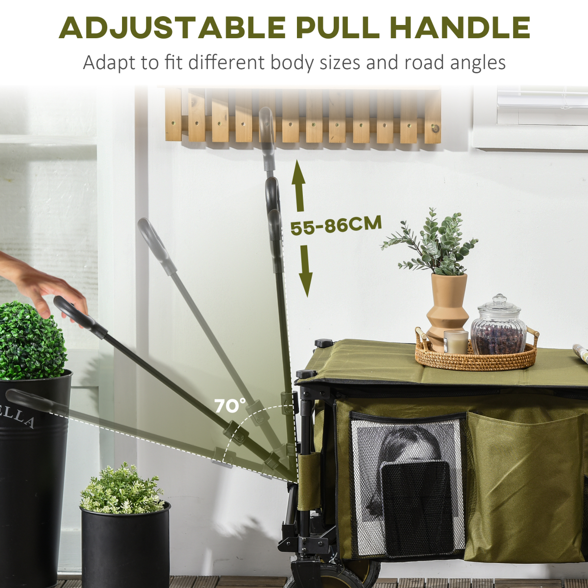 Folding Garden Trolley – Collapsible Utility Cart with Cover & Pockets, 100kg Load, Khaki Green