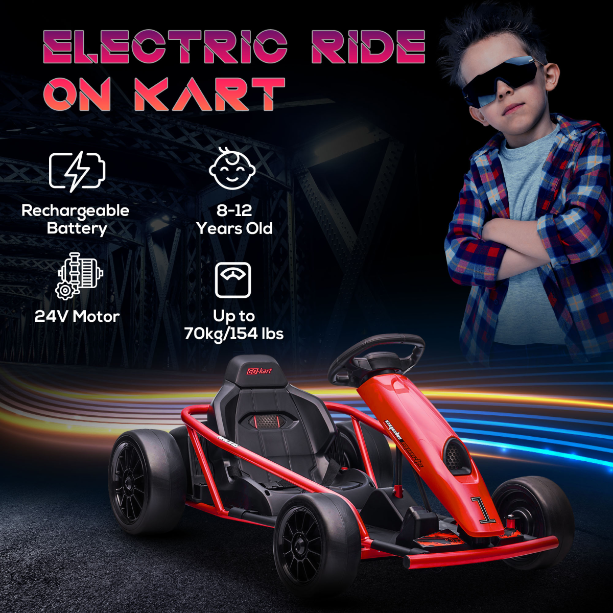 24V Electric Drift Go Kart for Kids with Music, Horn & Slow Start – red