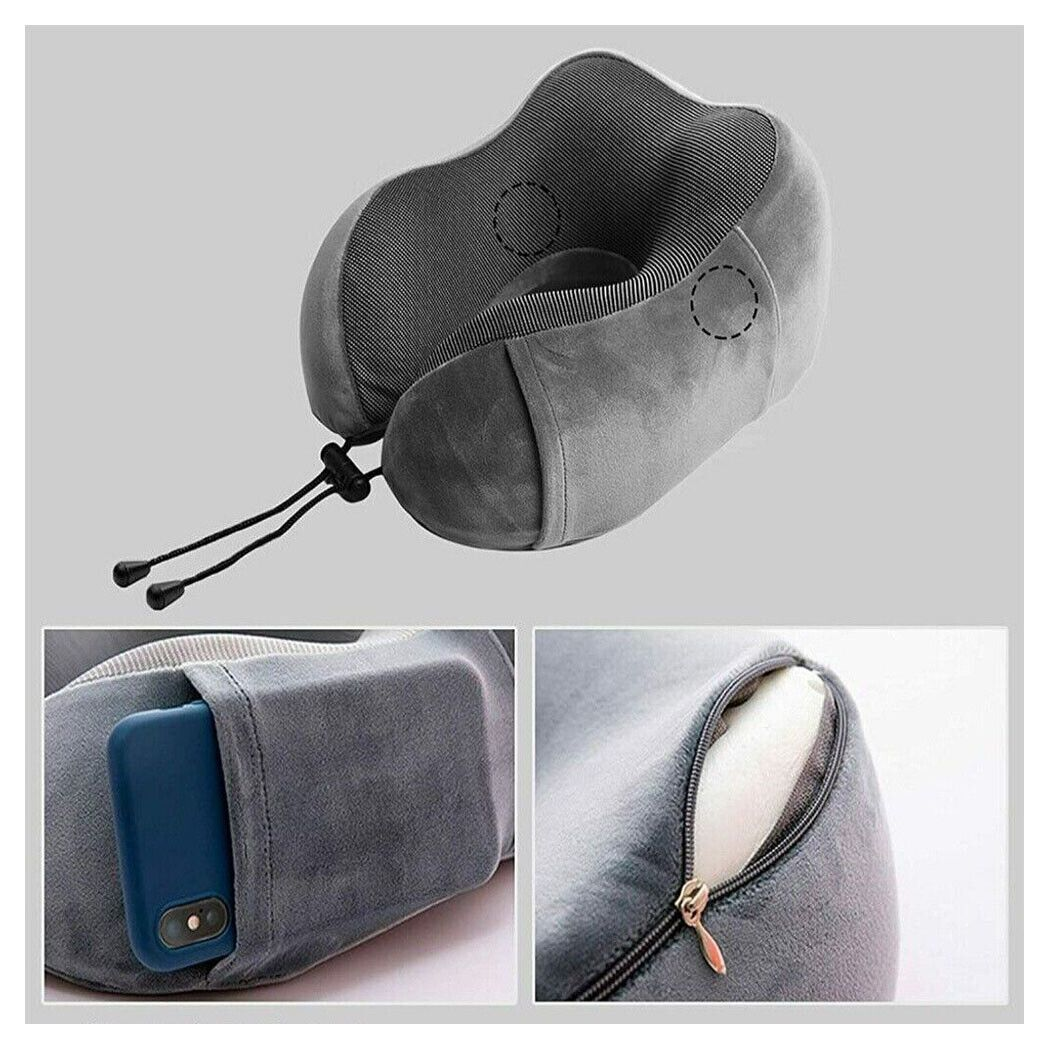 Memory Foam Travel Pillow – Neck Support Cushion with Adjustable Drawstring (Black/Grey)