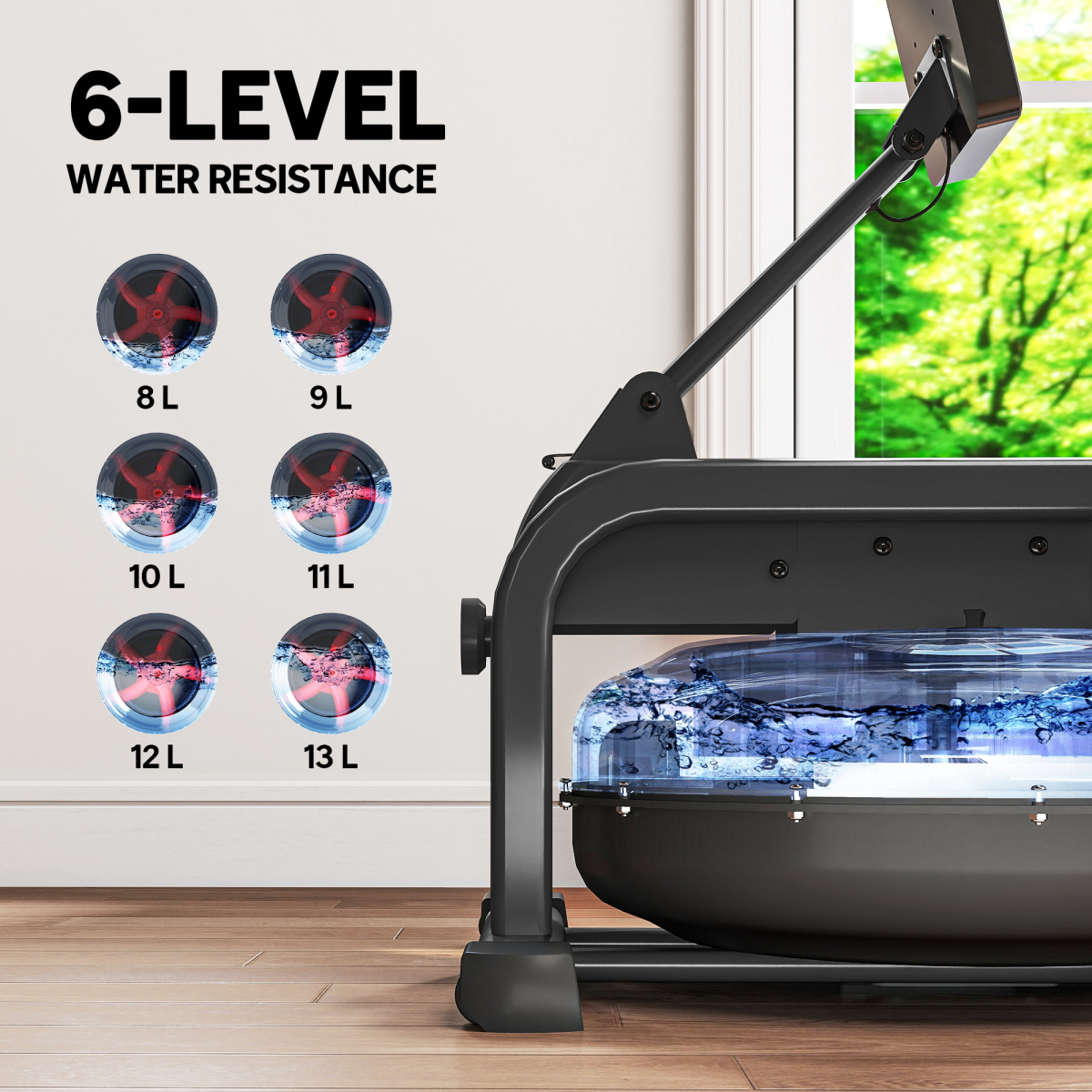 Water Rowing Machine with 6-Level Adjustable Resistance & Upright Storage
