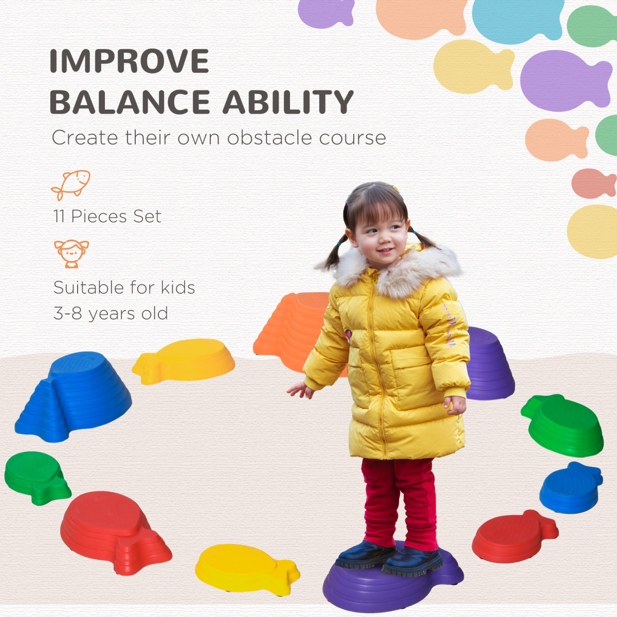 11-Piece Fish-Shaped Balance Stepping Stones for Kids – Multicoloured