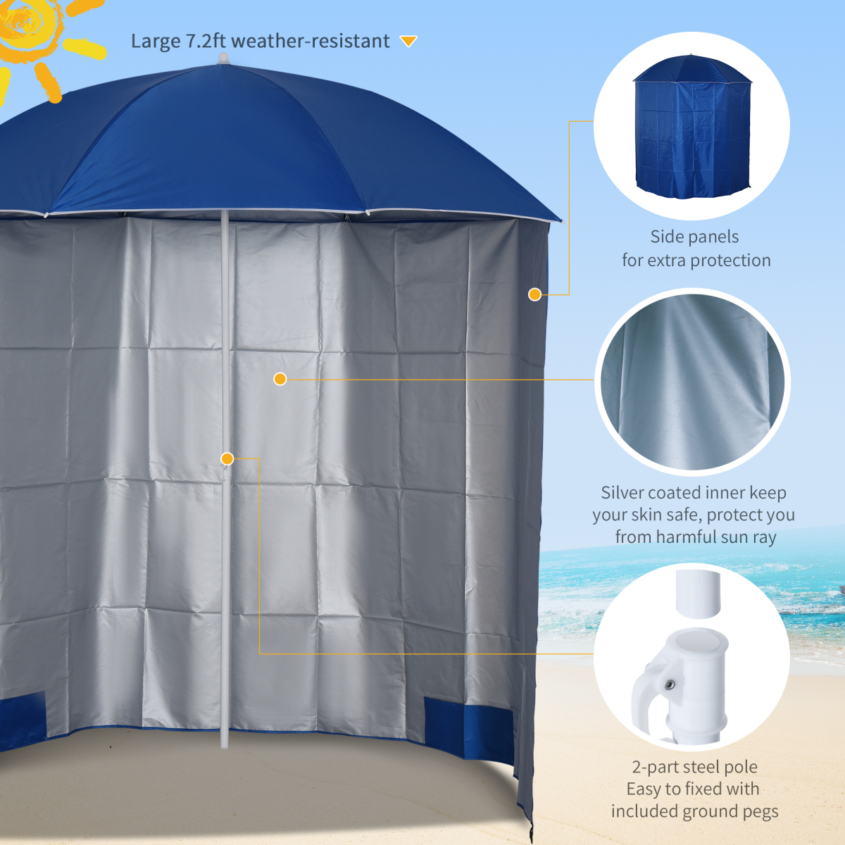 2.2M Fishing Umbrella with Side Panels – Outdoor Beach Sun Shade Shelter with Carry Bag