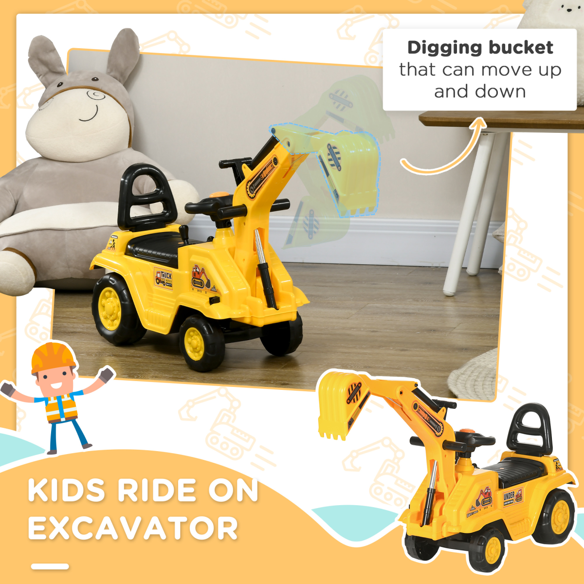 2-in-1 Kids Ride-On Digger Tractor with Bucket and Storage – Ages 1.5-4