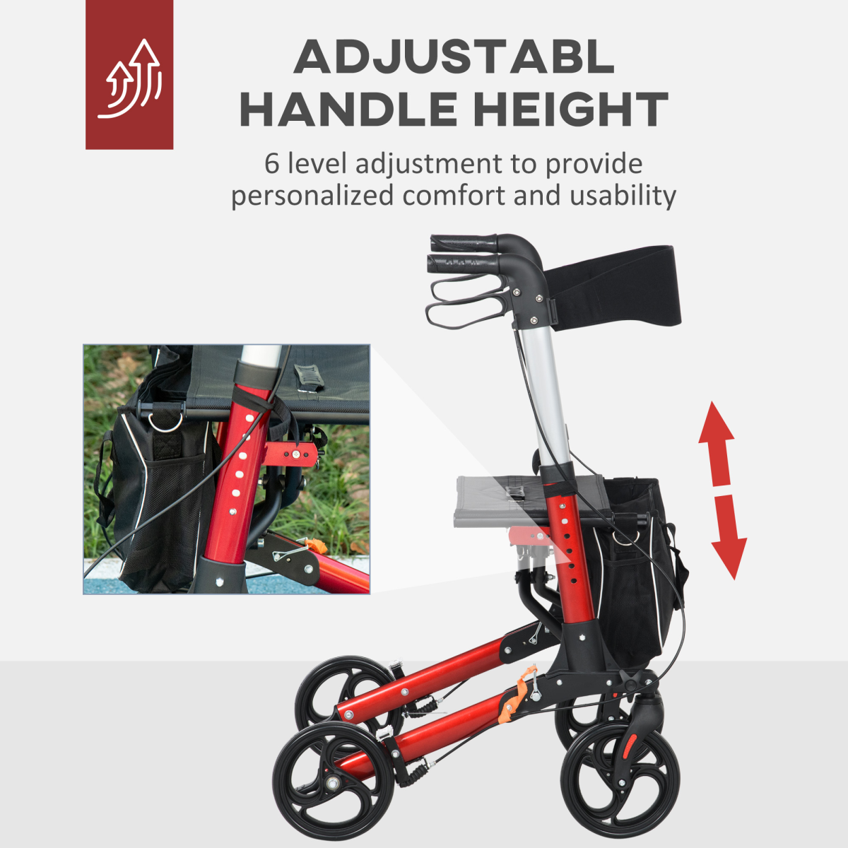 Lightweight 4-Wheel Rollator Walker with Seat, Bag & Dual Brakes – Adjustable Height (Red)