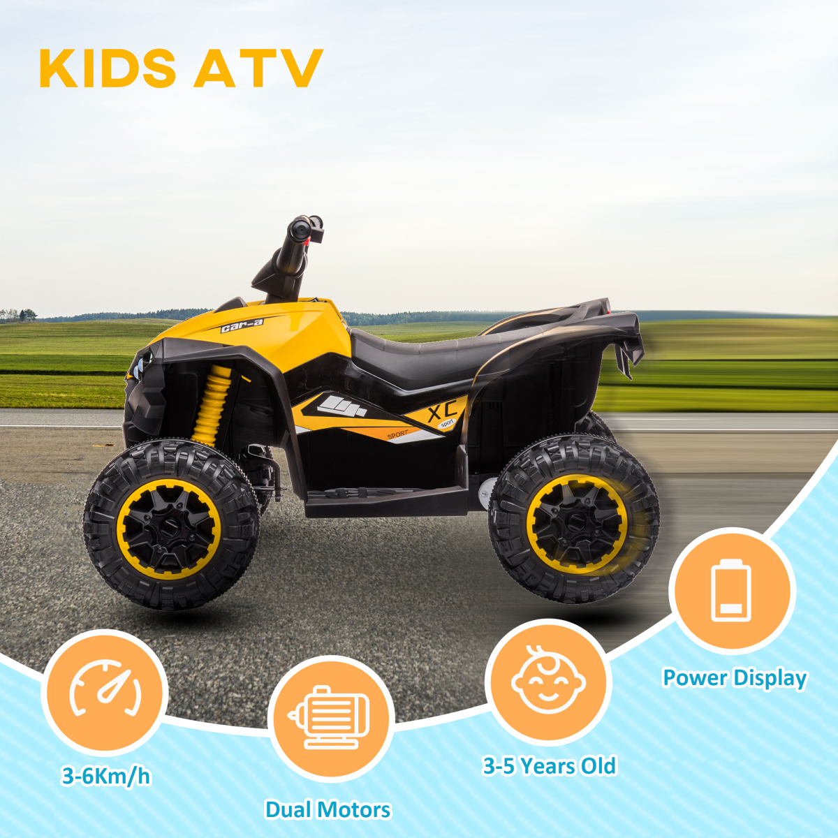 12V Electric Quad Bike for Kids Ride-On ATV Toy with Lights & Music – Ages 3-5 (yellow)