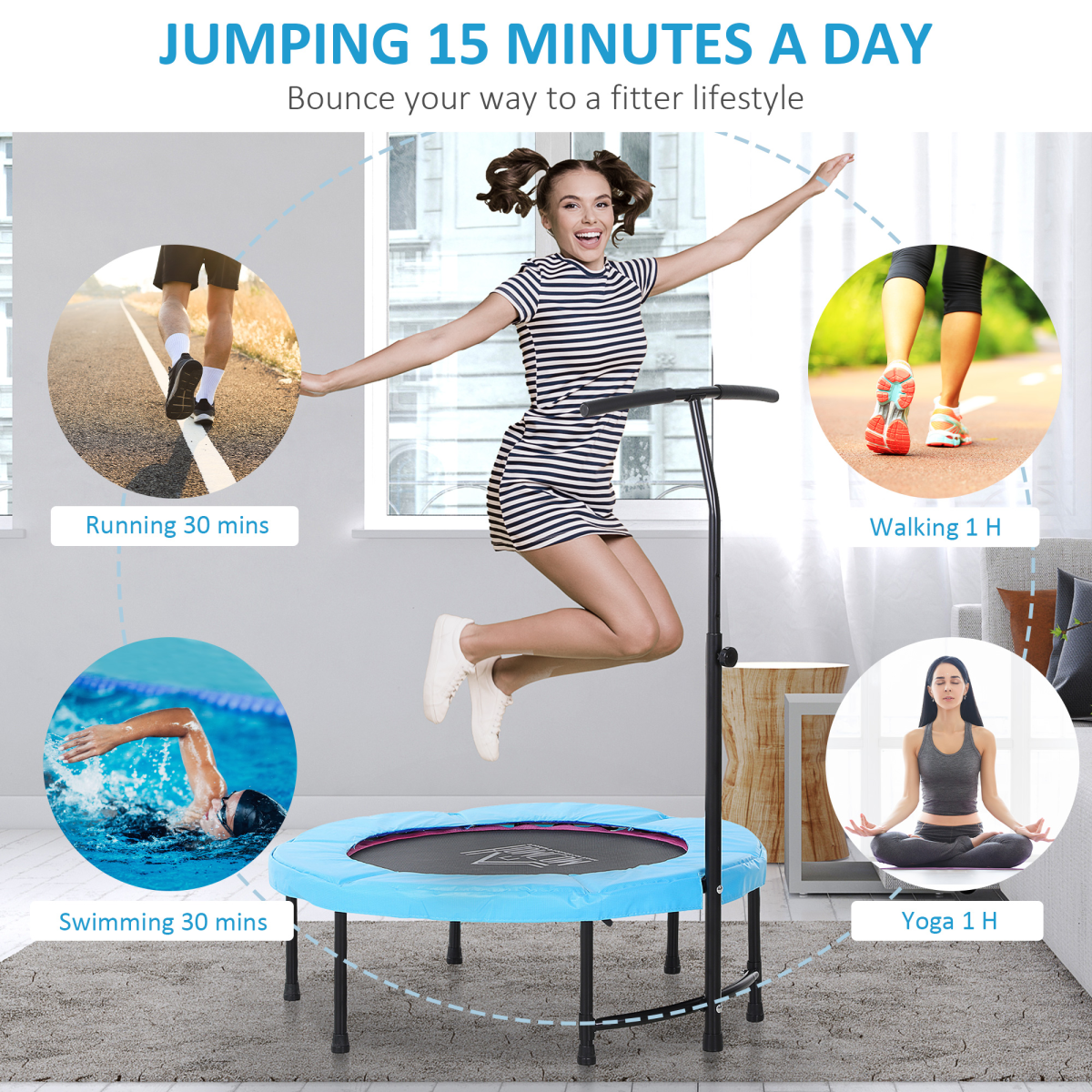 40'' Mini Trampoline for Kids & Adults - Safe Indoor Rebounder with Handle - All Round Fitness