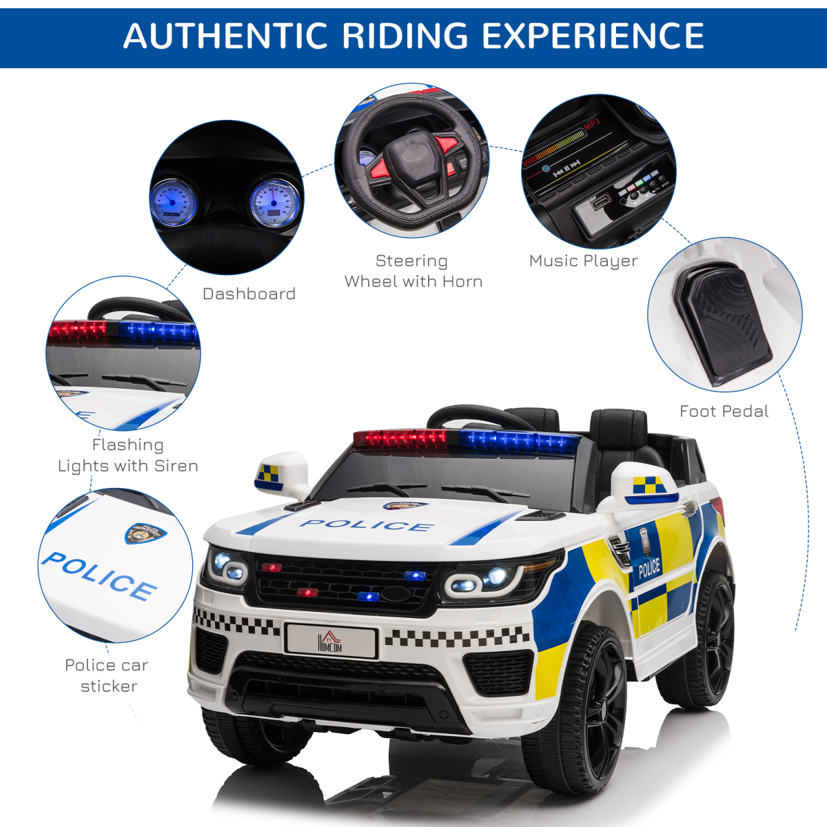 12V Kids Electric Ride-On Police Car with Remote, Siren & Bluetooth – Ages 3-6