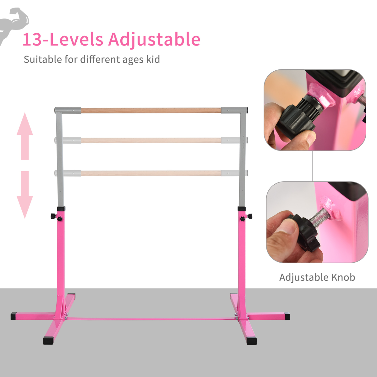 Adjustable Kids Gymnastics Bar – Horizontal Training Bar with Steel Frame & Beech Wood Top, 13 Height Levels (95–145cm), Stable ‘T’ Base – Pink - All Round Fitness