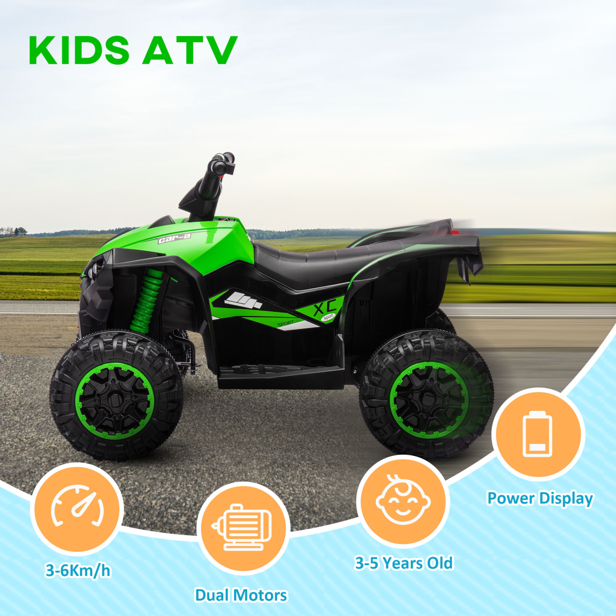 12V Electric Quad Bike for Kids Ride-On ATV Toy with Lights & Music – Ages 3-5 (Green)