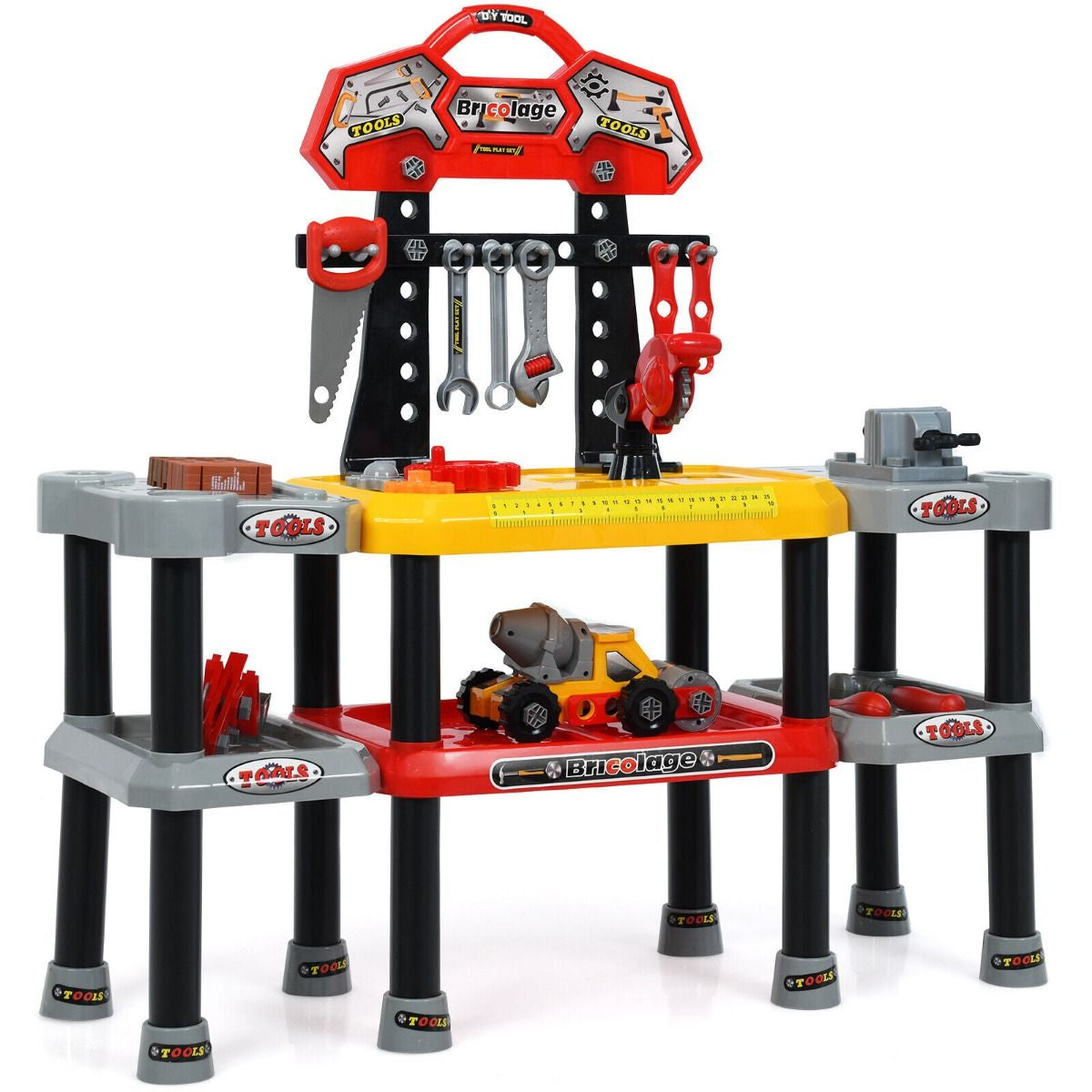 121-Piece Children's Pretend Play Tool Set with Double-Tier Workbench and Construction Accessories