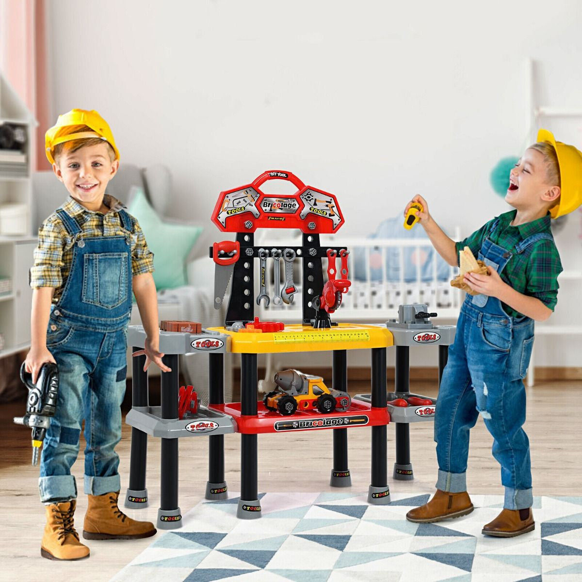 121-Piece Children's Pretend Play Tool Set with Double-Tier Workbench and Construction Accessories